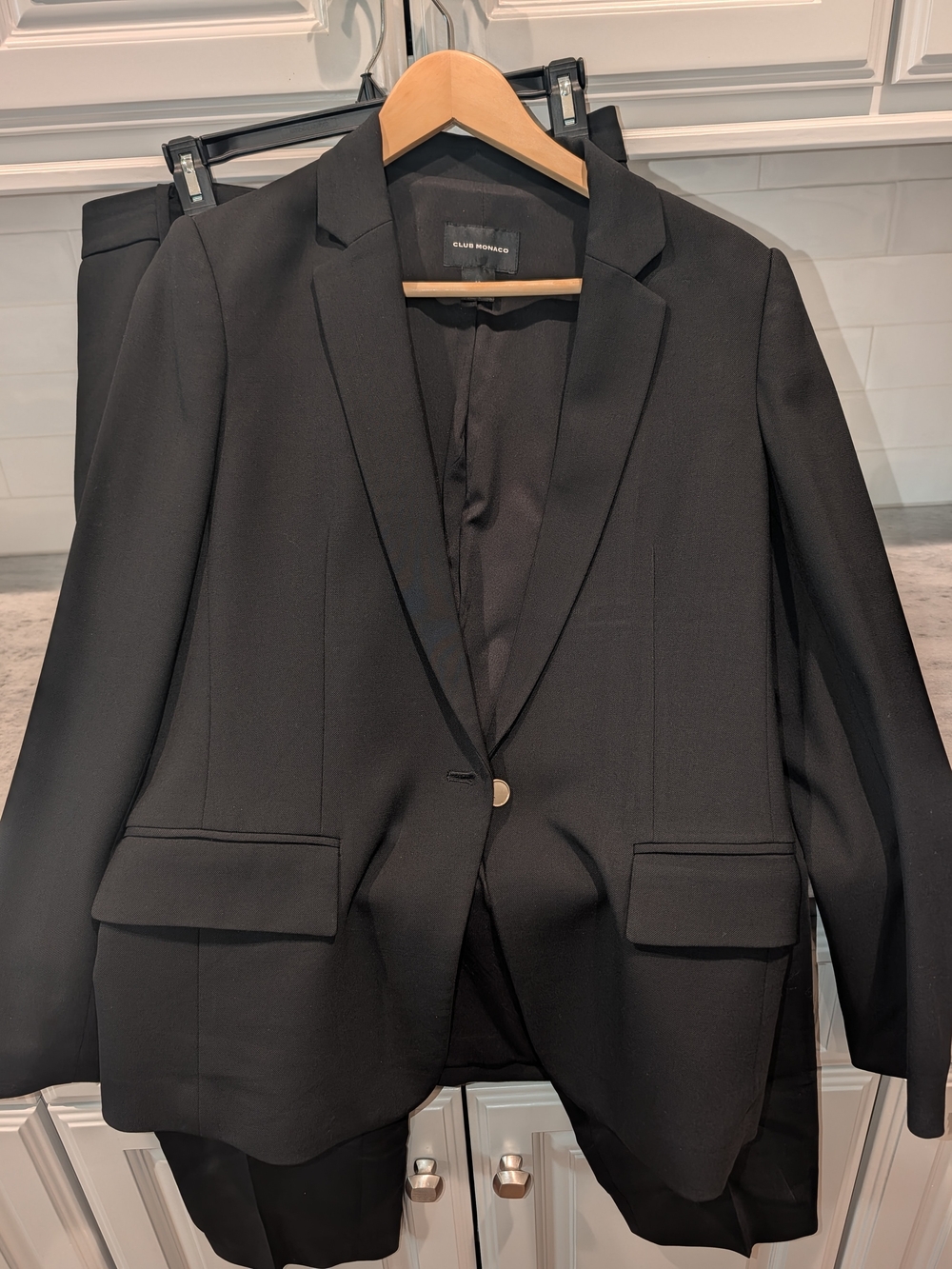 Club Monaco Black Wool Blend Gold Button Pantsuit Size 10
